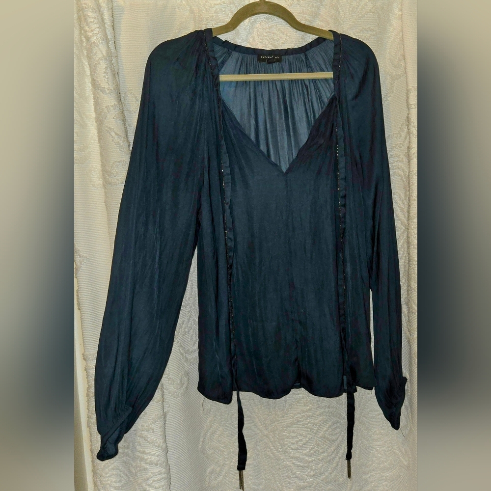 Elegant Navy Silky Top With Velvet Trim Size Medium